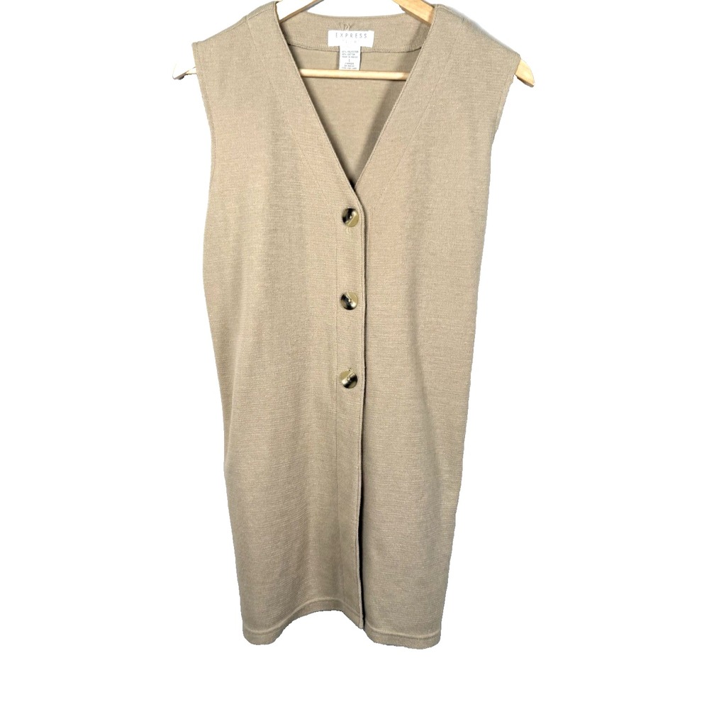 Vtg Express Tricot Knit Sweater Vest Tunic Tan Beige Button Long Sz L Minimalist